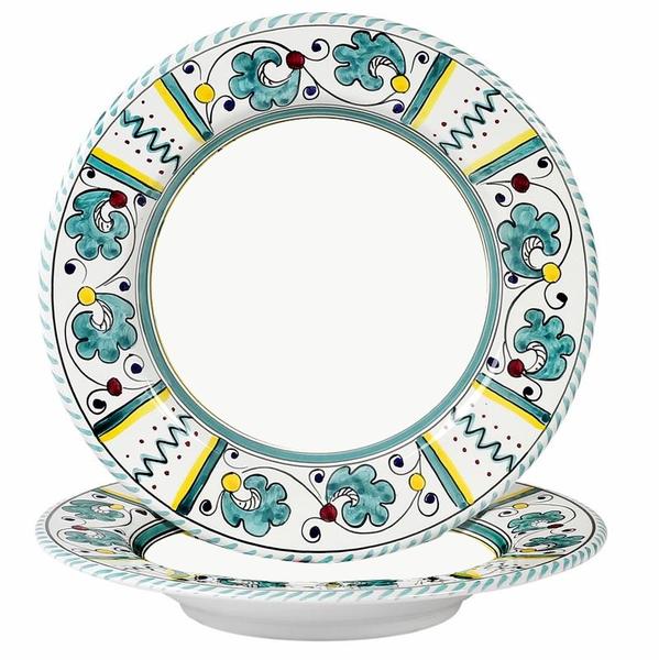 ORVIETO GREEN ROOSTER: Rim Pasta Soup Plate (White Center)