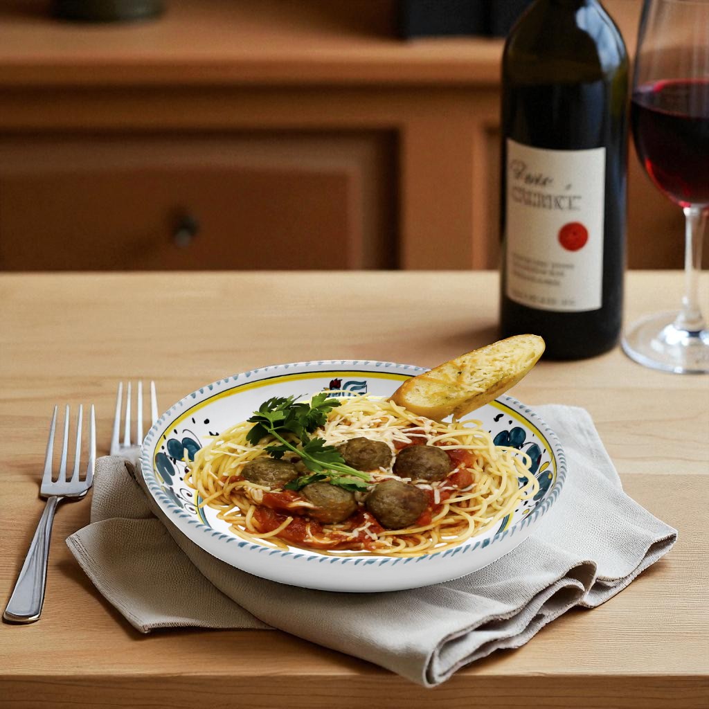 ORVIETO GREEN ROOSTER: Risotto/Pasta/Cioppino round shallow coupe bowl