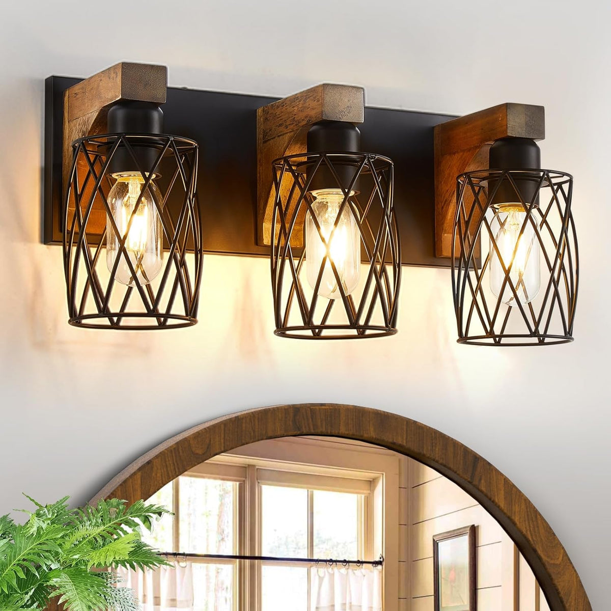 Lampada da bagno a 3 luci in legno