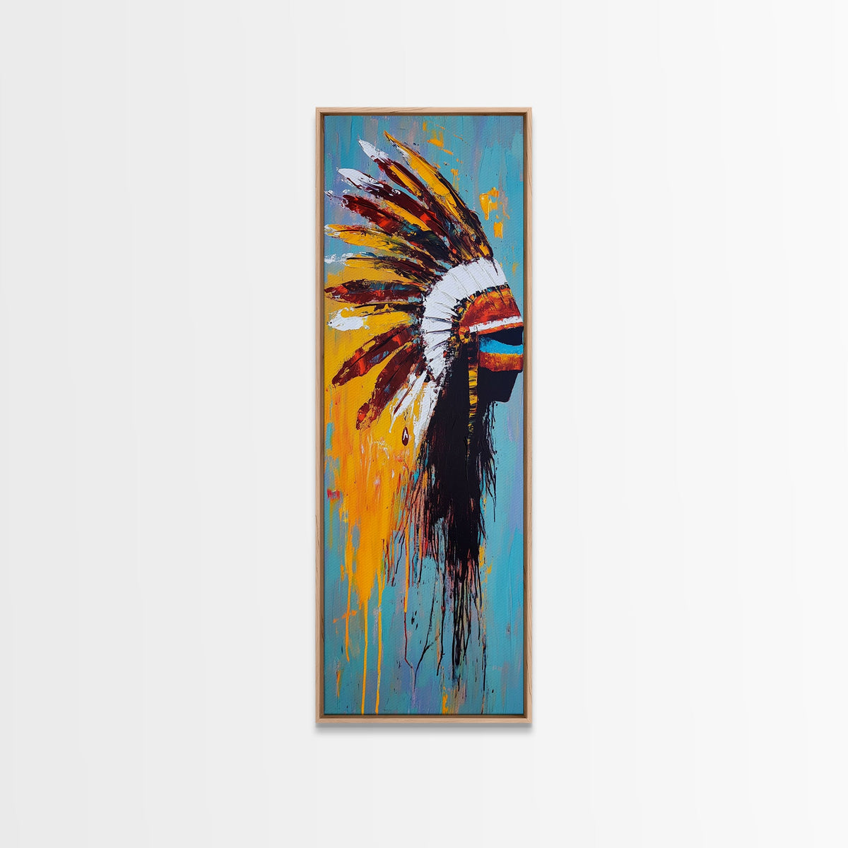 Stampa su tela con copricapo di piume audace, arte da parete afrocentrica, arte da parete sud-occidentale, ritratto colorato, arte da parete verticale