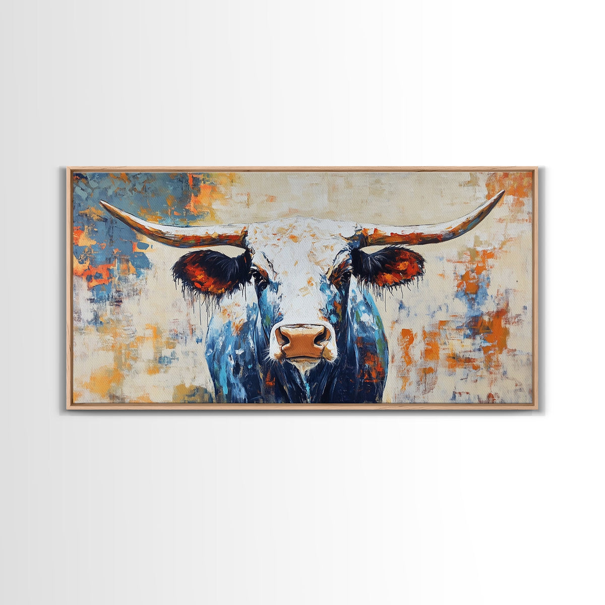 Dipinto di longhorn, stampa su tela con cornice, decorazione da parete rustica, arte da parete sud-occidentale, arte in stile casale, arte extra larga, arte sopra il divano, arte d'atmosfera