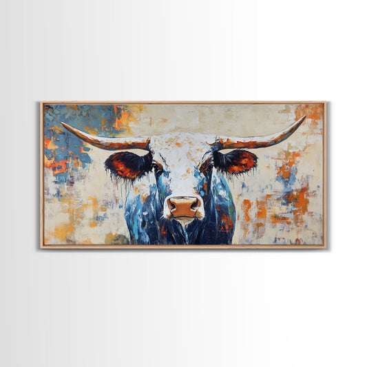 Longhorn Painting, Framed Canvas Print, Rustic Wall Art, Southwest Wall Art, Farmhouse Art, Extra Wide Art, Above Couch Art, Moody Art