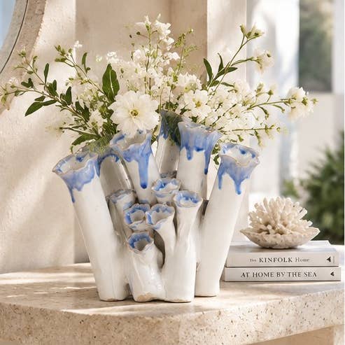 Sea Coral Blue and White Ceramic Vase