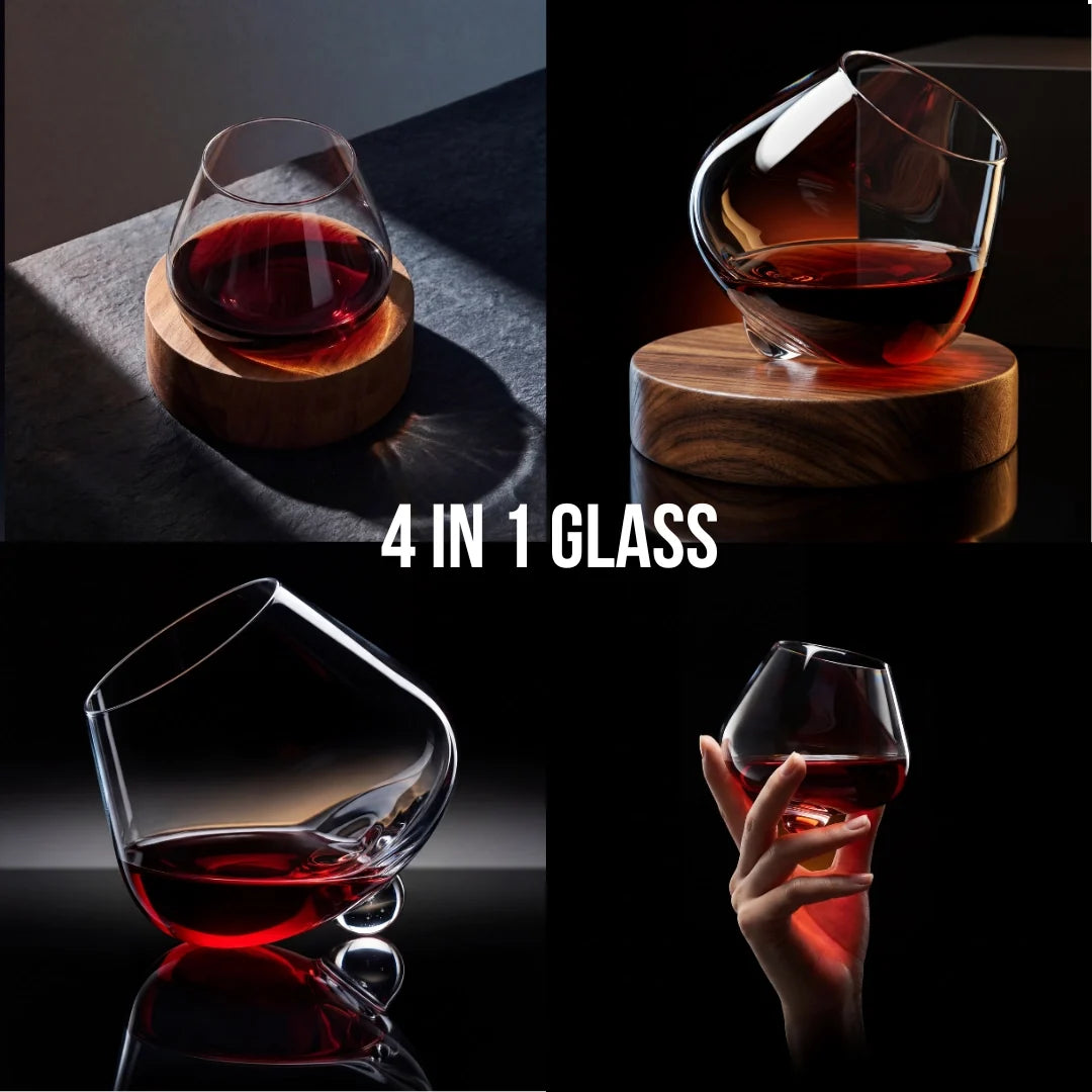 Verre à vin rotatif en cristal et sous-verre en bois Kami