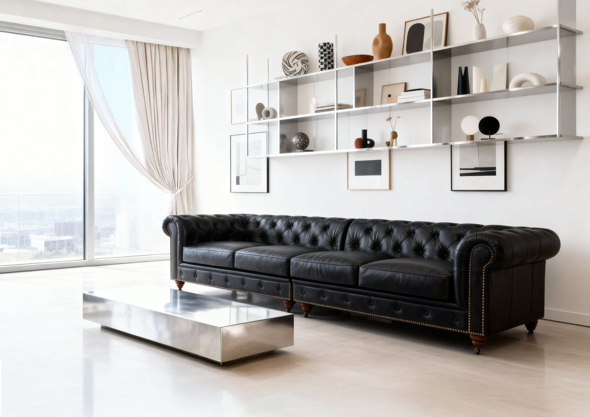 Belgravia Chesterfield Top Grain Leather Sofa with Tufted Back & Rolled Arms