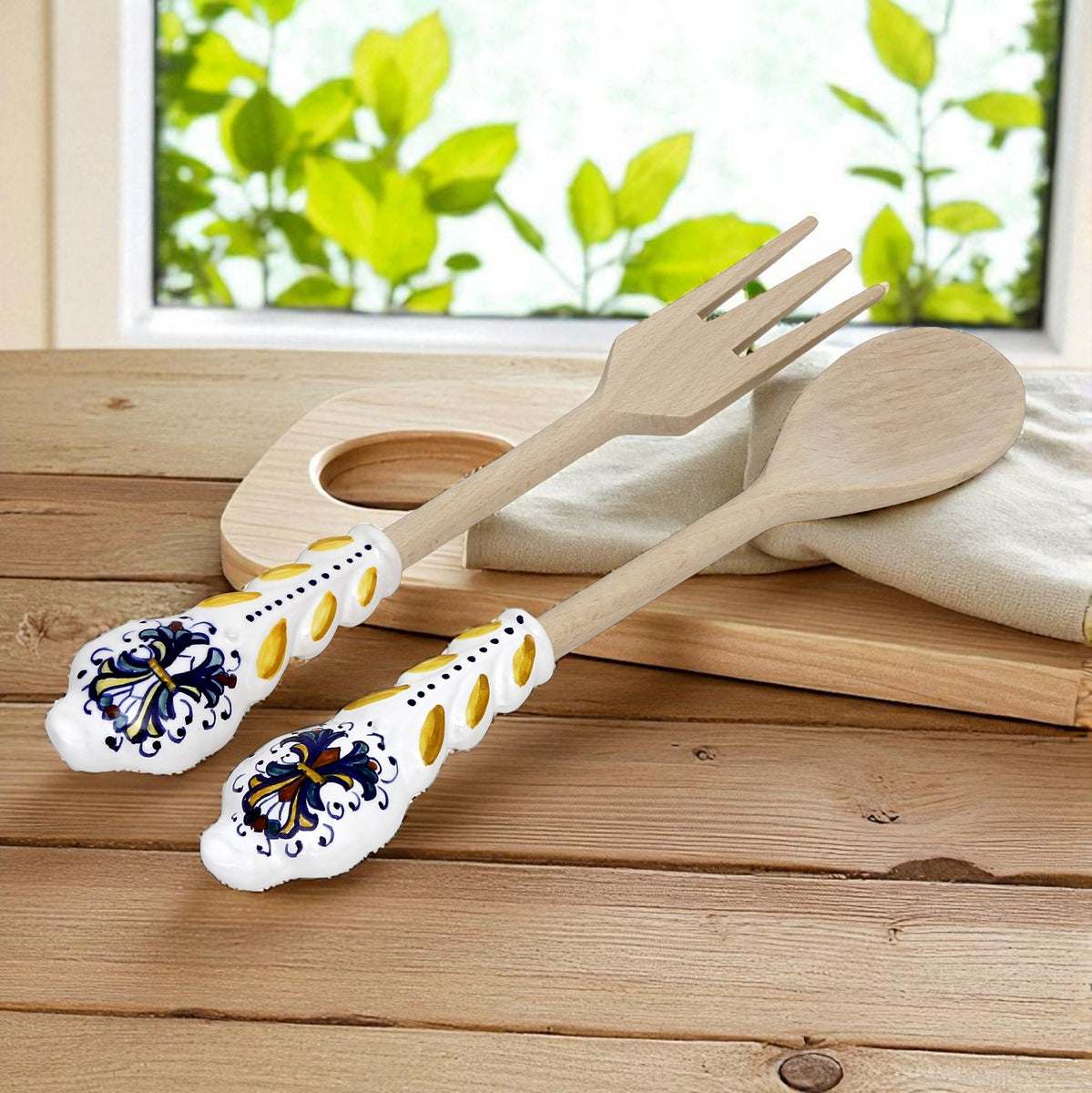 SET D'USTENSILES : Design RICCO DERUTA - Bois dur avec manche en céramique peinte à la main (ensemble de deux pièces)