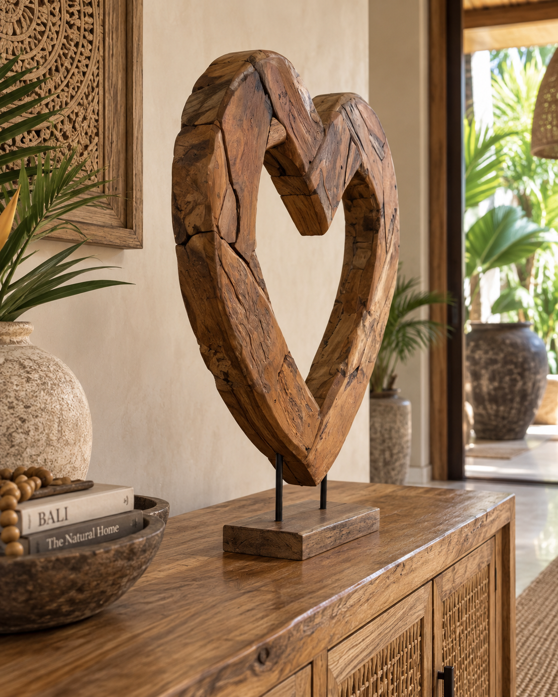 Handmade Bali Teak Heart Sculpture on Stand Large