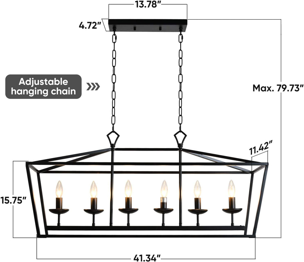 Lustre linéaire à 6 lumières style bougeoir, noir