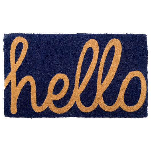 Cursive Hello Doormat Handwoven, Durable - Dark Blue