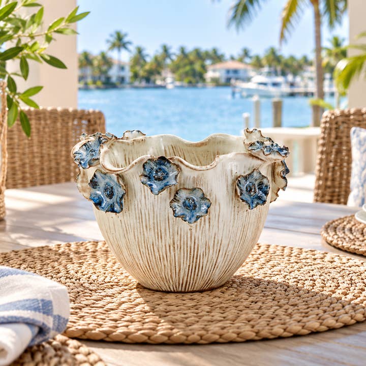 Small Thai Oyster White & Ocean Blue Lily Ceramic Bowl
