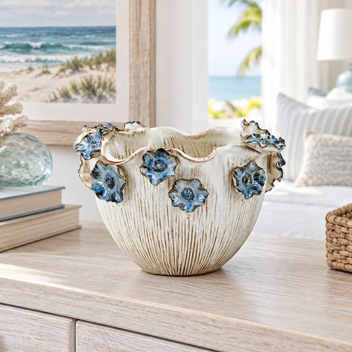 Small Thai Oyster White & Ocean Blue Lily Ceramic Bowl