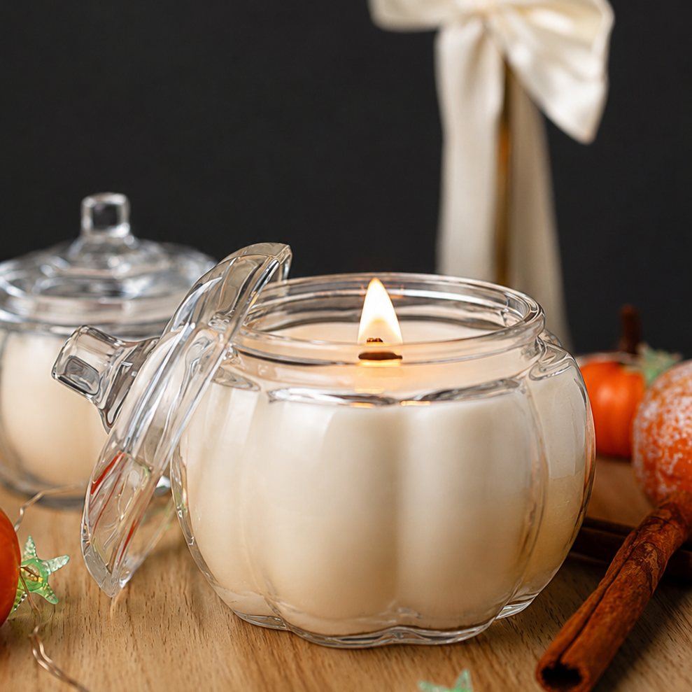 Candela in vetro a forma di zucca con coperchio | Decorazione autunnale per la casa | Regalo candela autunnale