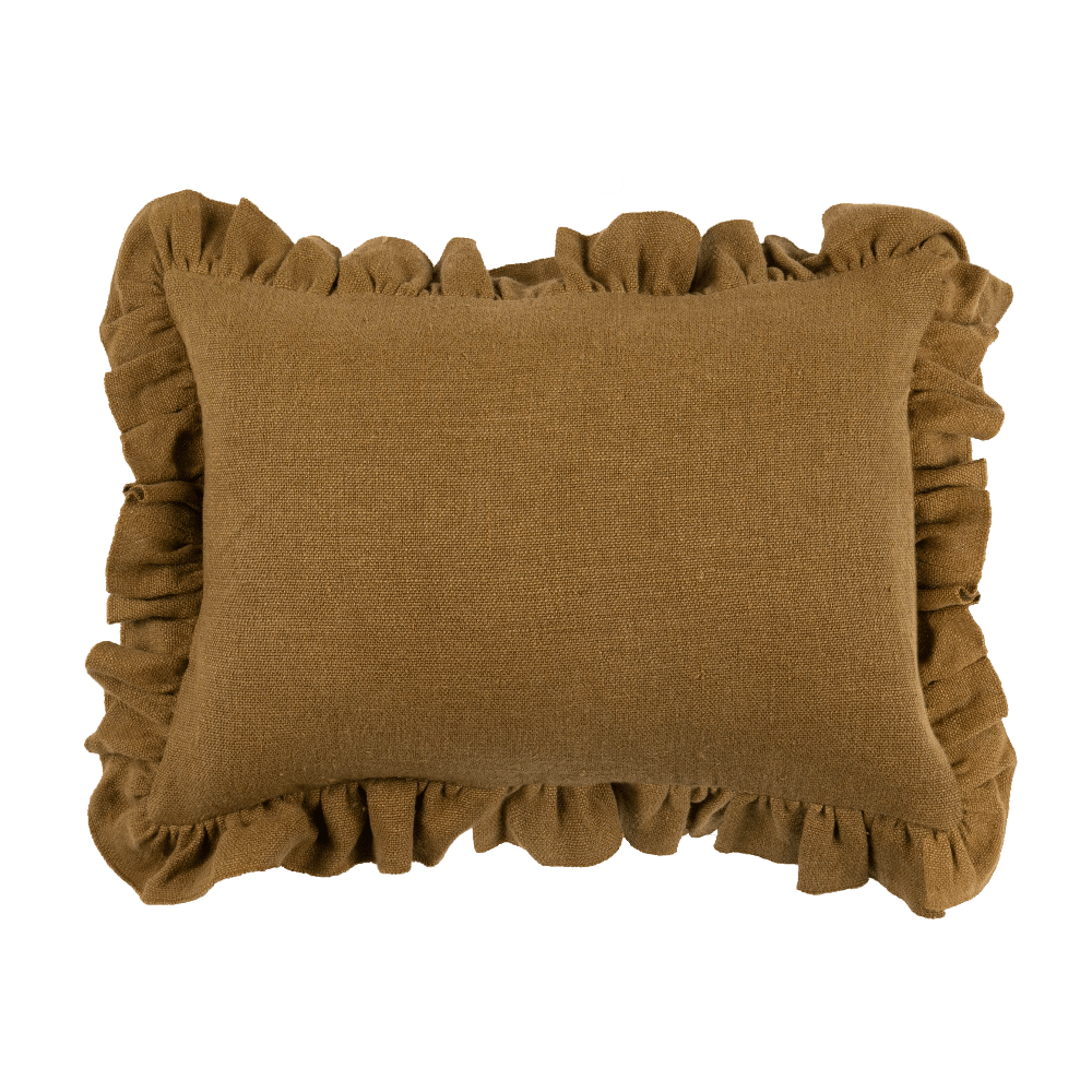 Housse de coussin Anita en lin uni, à volants moutarde