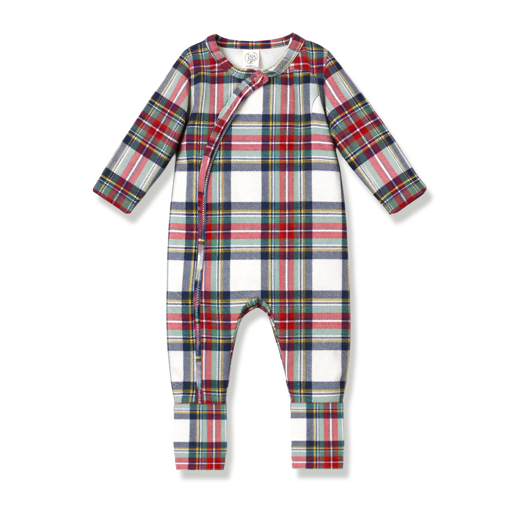 Plaid Baby Christmas Zipper Romper With Convertible Cuffs