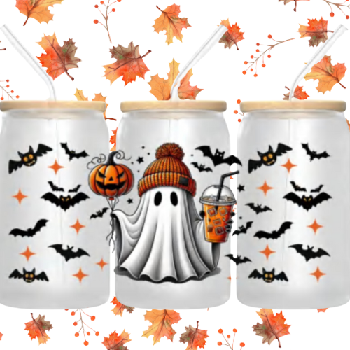 Cute Ghost Halloween 16oz Glass Tumbler β Lid & Straw, Spooky Season Gift