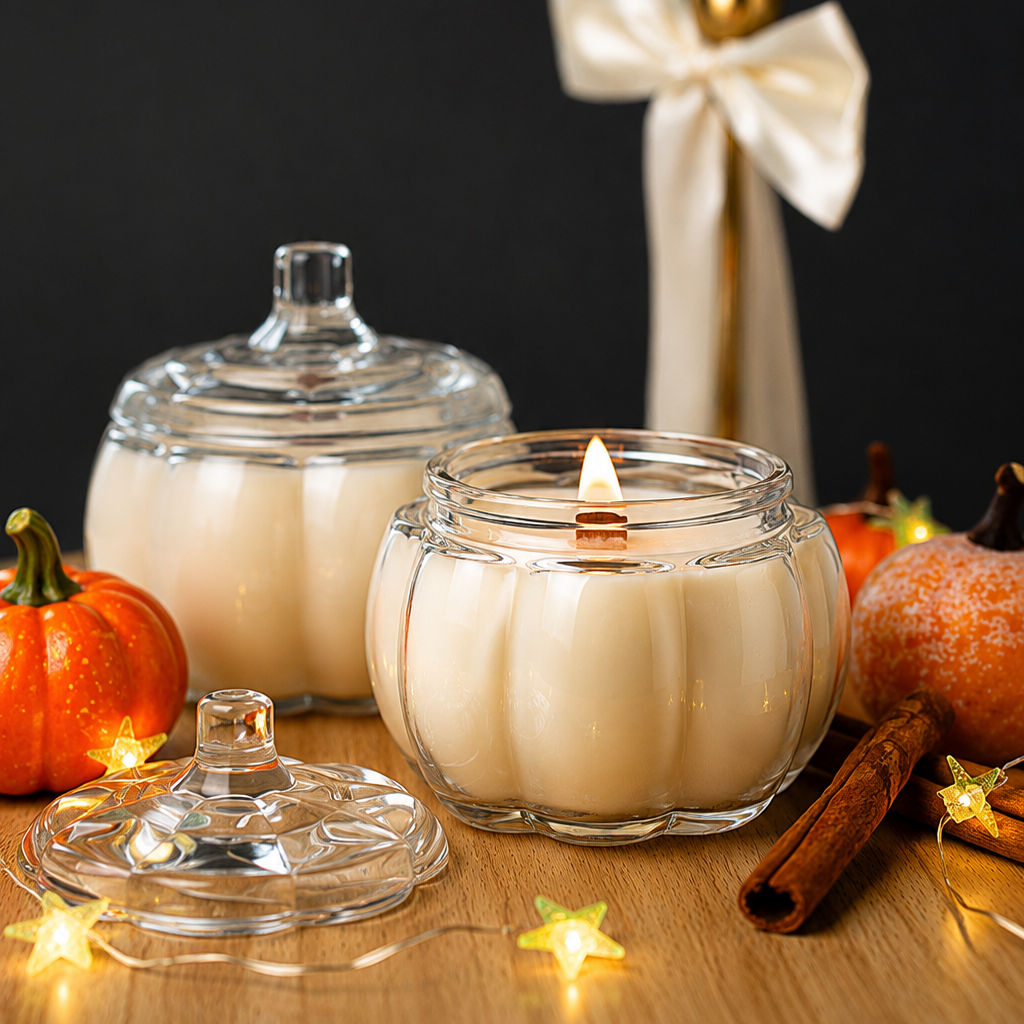 Candela in vetro a forma di zucca con coperchio | Decorazione autunnale per la casa | Regalo candela autunnale
