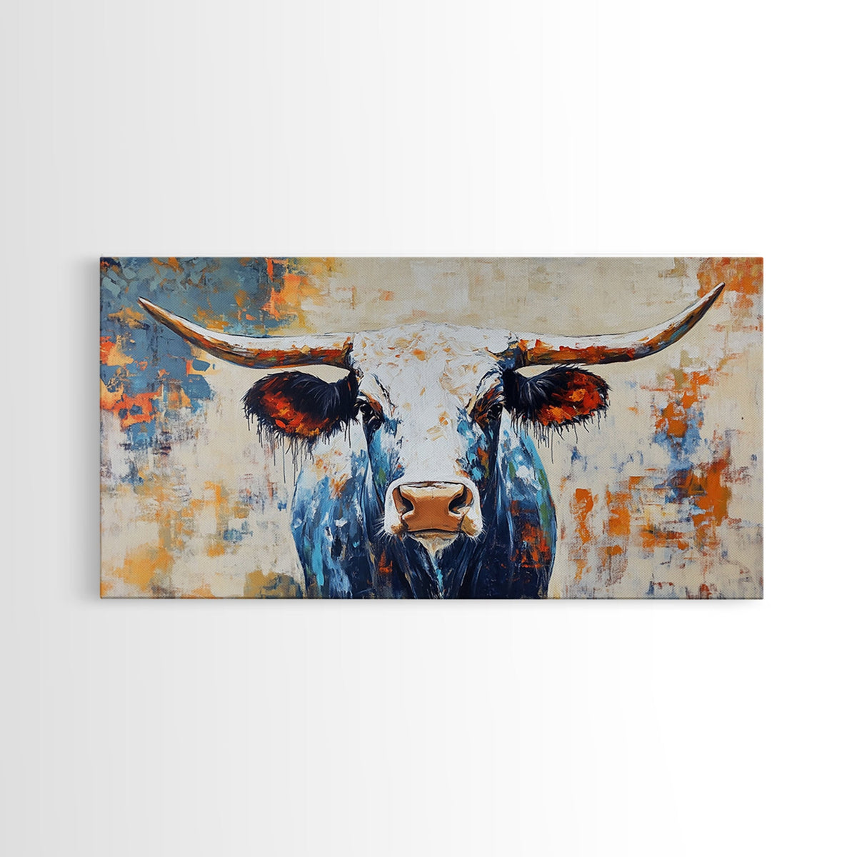 Dipinto di longhorn, stampa su tela con cornice, decorazione da parete rustica, arte da parete sud-occidentale, arte in stile casale, arte extra larga, arte sopra il divano, arte d'atmosfera