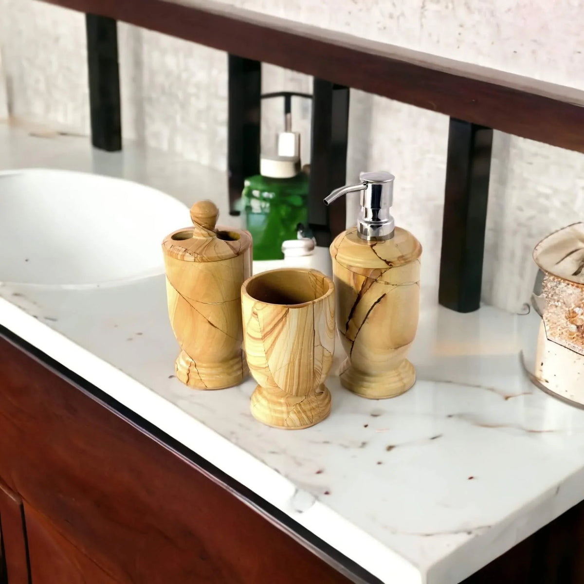 Set di 3 accessori bagno - Marmo teak