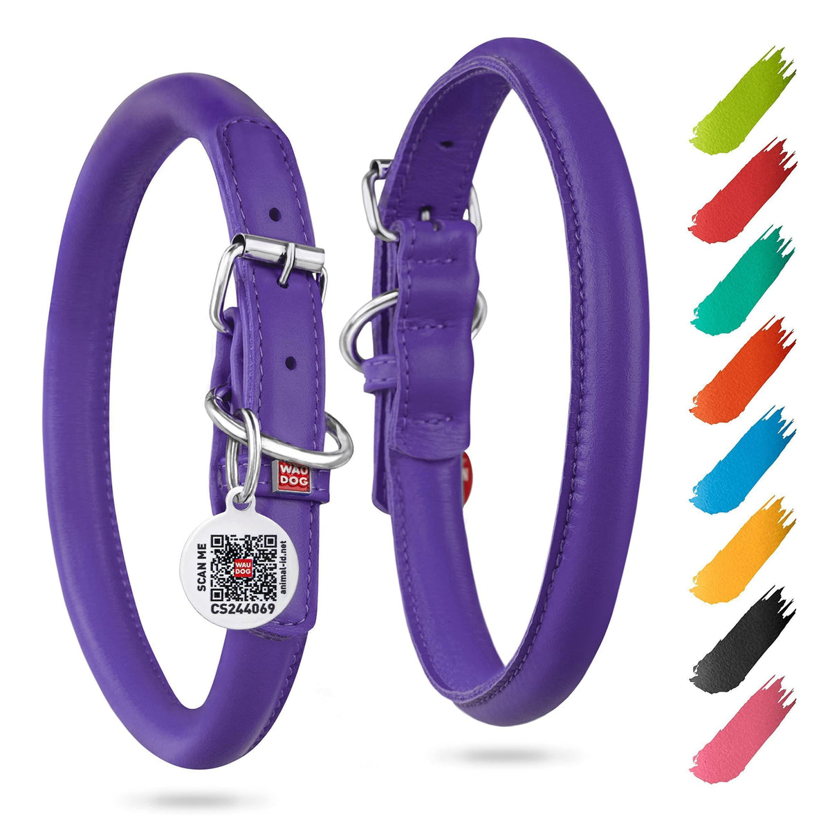 Collier pour chien en cuir roulé violet, rembourré, toutes tailles, tour de cou de 25 à 33 cm