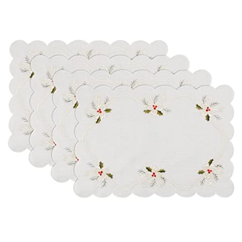 Embroidered Holly & Ribbon Design Holiday Placemats