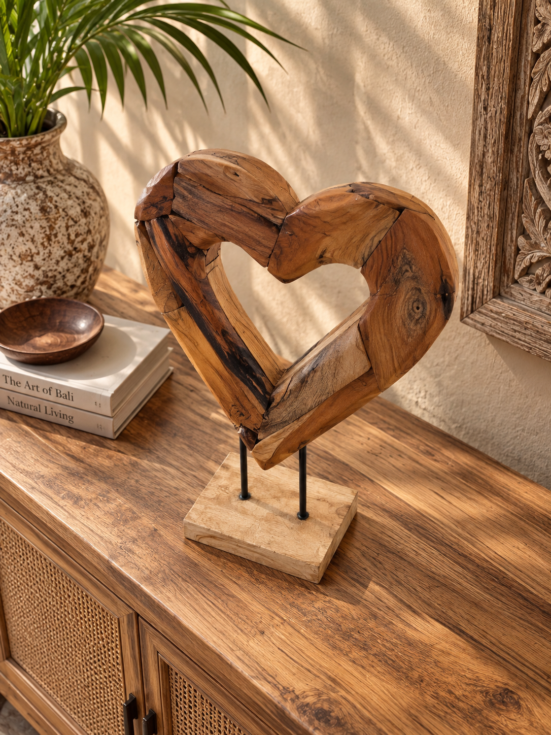 Handmade Bali Teak Heart Sculpture on Stand Small