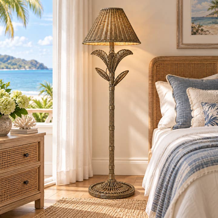 Antique Taupe Wicker Palm Floor Lamp