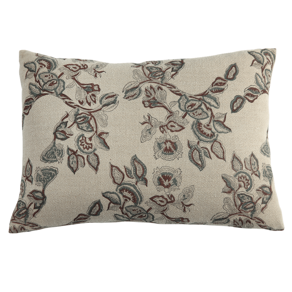 Housse de coussin décoratif à motif floral en lin Mira, bleu sarcelle
