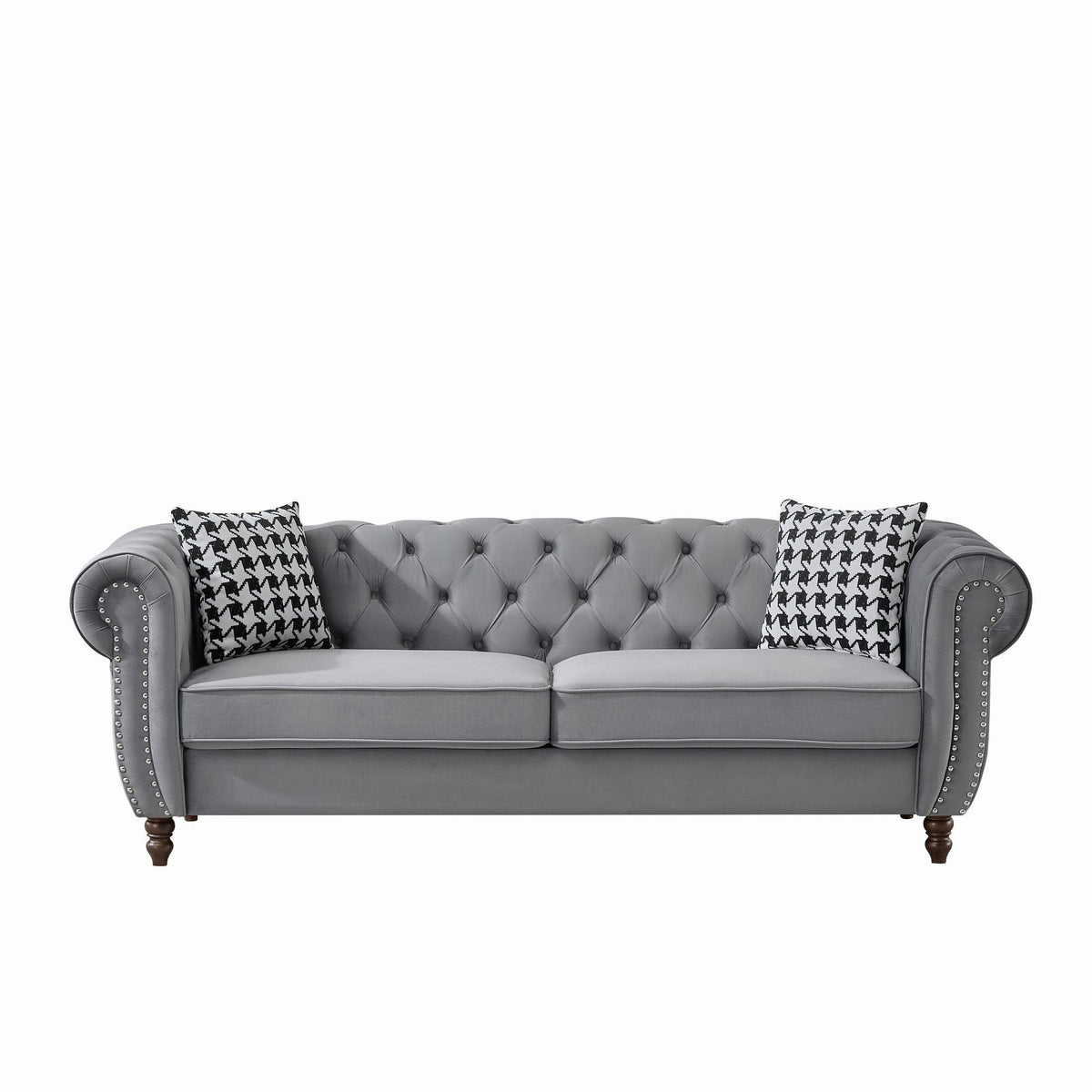 Canapé en tissu style Chesterfield avec accoudoirs enroulés et clous de tapissier