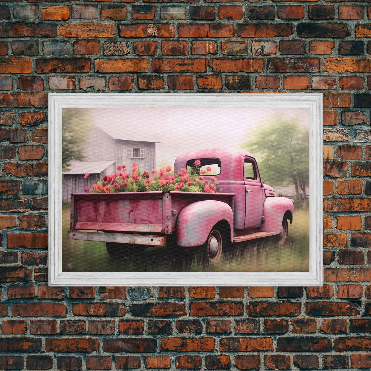 Vecchio camioncino rosa usato come aiuola, stampa su tela incorniciata o poster, decorazione rustica per casali, arte primitiva, arte per case di campagna