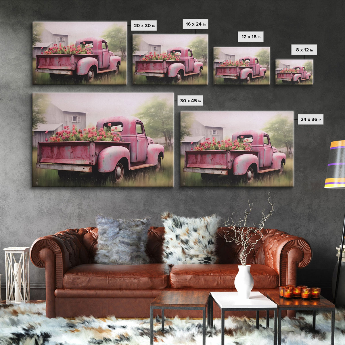 Vecchio camioncino rosa usato come aiuola, stampa su tela incorniciata o poster, decorazione rustica per casali, arte primitiva, arte per case di campagna