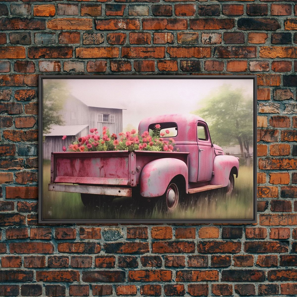 Vecchio camioncino rosa usato come aiuola, stampa su tela incorniciata o poster, decorazione rustica per casali, arte primitiva, arte per case di campagna