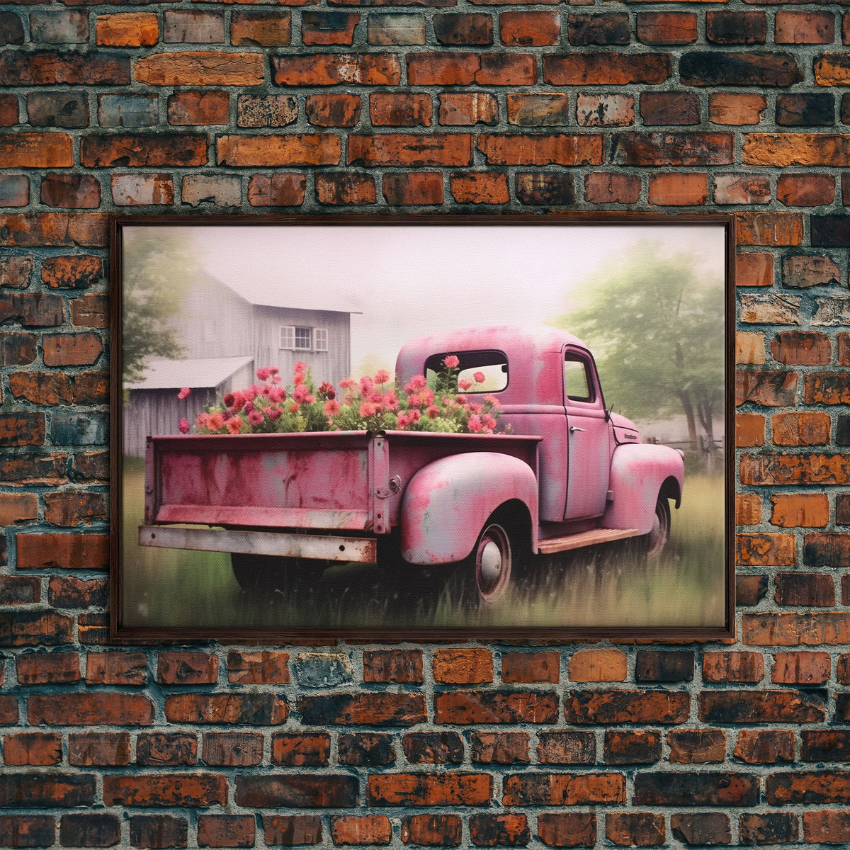 Vecchio camioncino rosa usato come aiuola, stampa su tela incorniciata o poster, decorazione rustica per casali, arte primitiva, arte per case di campagna