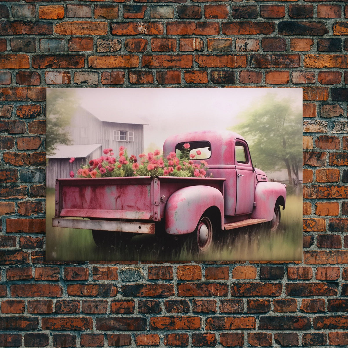 Vecchio camioncino rosa usato come aiuola, stampa su tela incorniciata o poster, decorazione rustica per casali, arte primitiva, arte per case di campagna