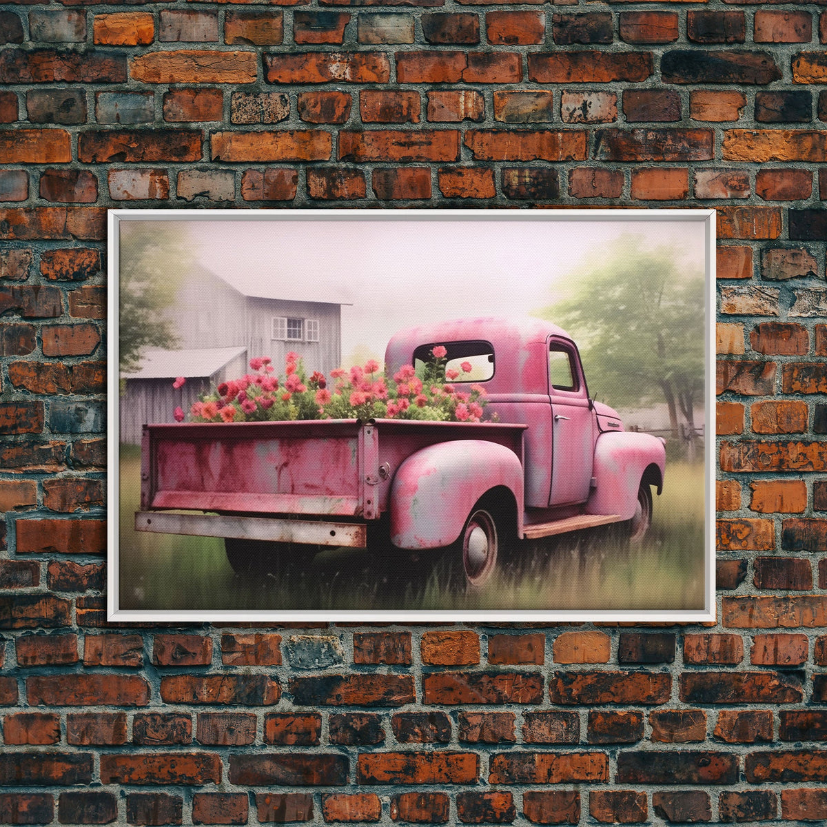 Vecchio camioncino rosa usato come aiuola, stampa su tela incorniciata o poster, decorazione rustica per casali, arte primitiva, arte per case di campagna