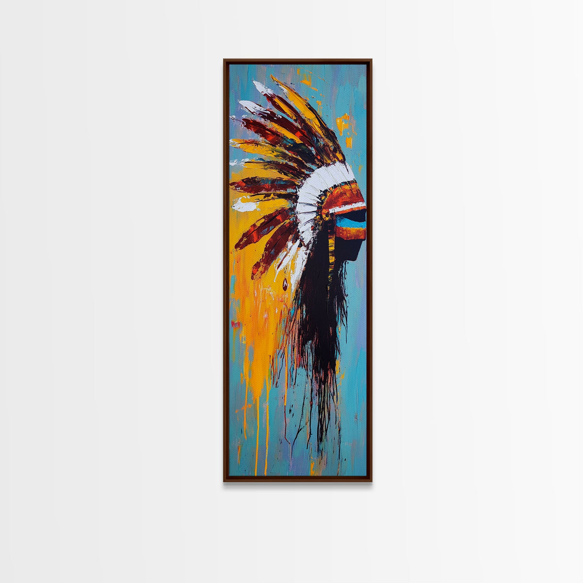 Stampa su tela con copricapo di piume audace, arte da parete afrocentrica, arte da parete sud-occidentale, ritratto colorato, arte da parete verticale