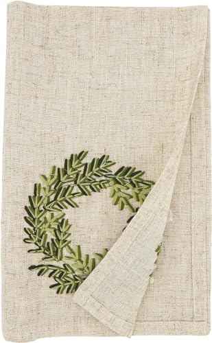 Fennco Styles Embroidered Wreath Christmas Cloth Napkins 20" W x 20" L, Set of 4 - Natural Linen Blend Dinner Napkin for Winter Holidays, Family Gatherings, Banquets, Special Events