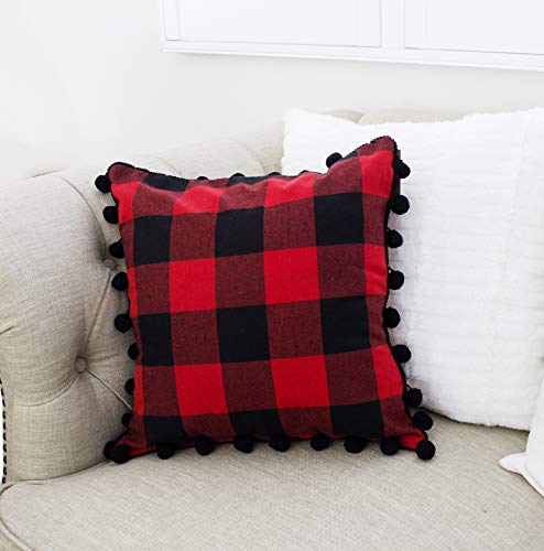 Fennco Styles Buffalo Plaid Red and Black with Pom Pom Design 17-Inch Square Decorative Throw Pillow for Holiday, Christmas, Home and Bedroom Décor