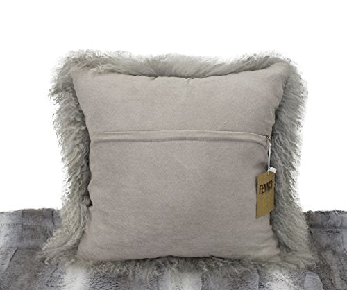 Fennco Styles Luxury Grade A Genuine Mongolian Lamb Fur Down Filled Decorative Throw Pillow