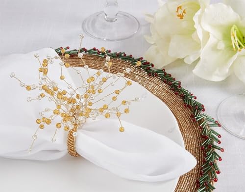 Fennco Styles Beaded Spray Design Napkin Rings, Set of 4 - Orange Napkin Holders for Home, Dining Table Decor, Banquets, Family Gathering and Special Occasion
