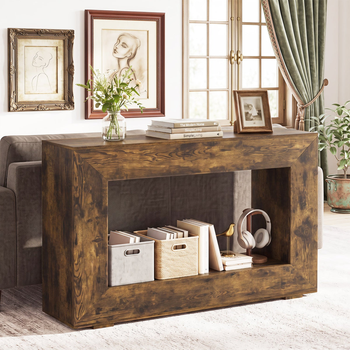 Console de style ferme de 47 po avec étagère de rangement à 2 niveaux