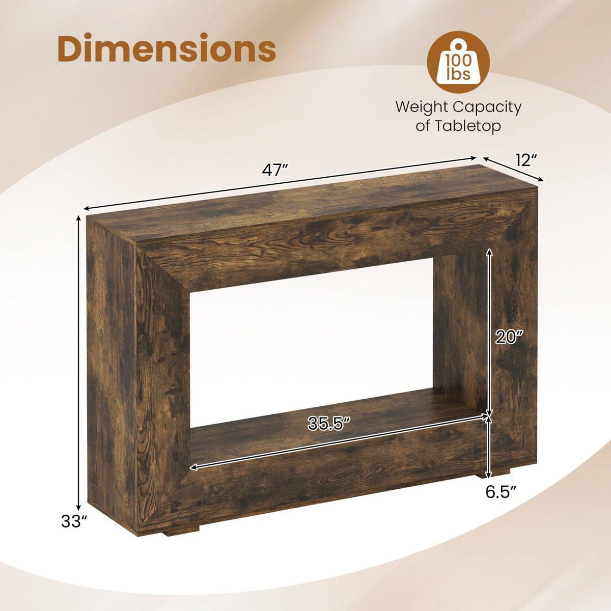Console de style ferme de 47 po avec étagère de rangement à 2 niveaux