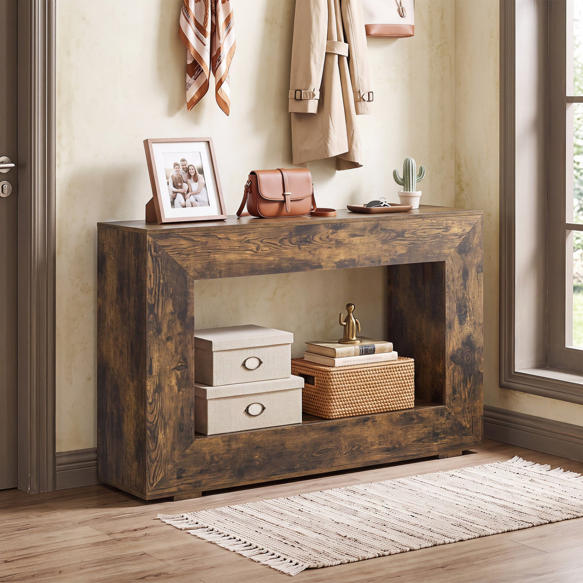 Console de style ferme de 47 po avec étagère de rangement à 2 niveaux