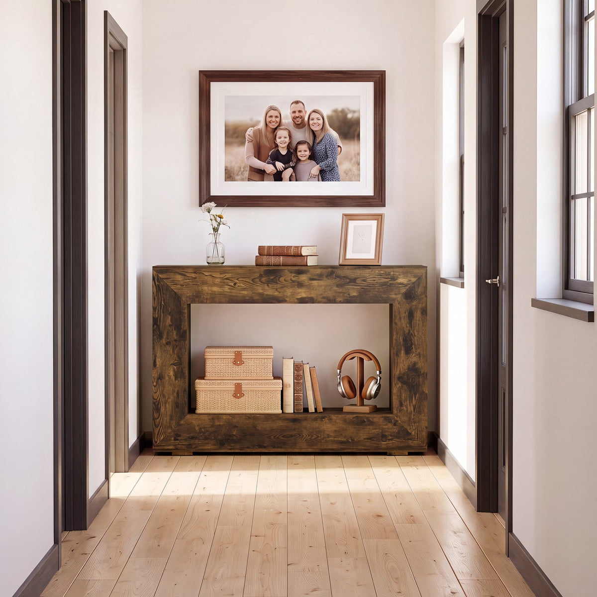 Console de style ferme de 47 po avec étagère de rangement à 2 niveaux