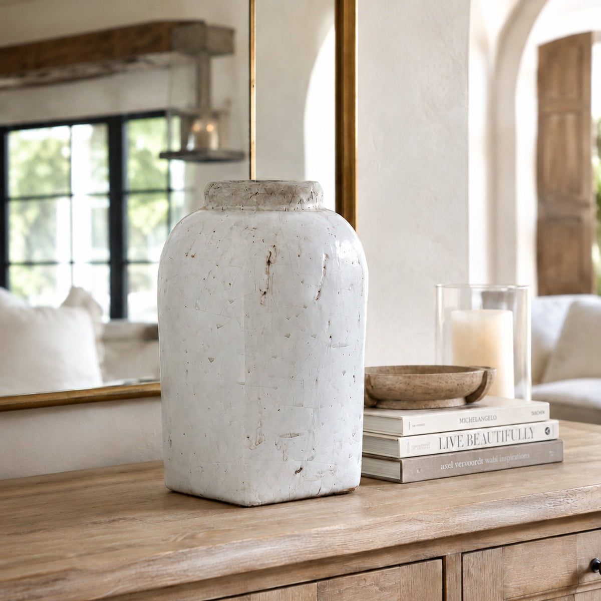 Aveline Distressed Antique White Stoneware Jar