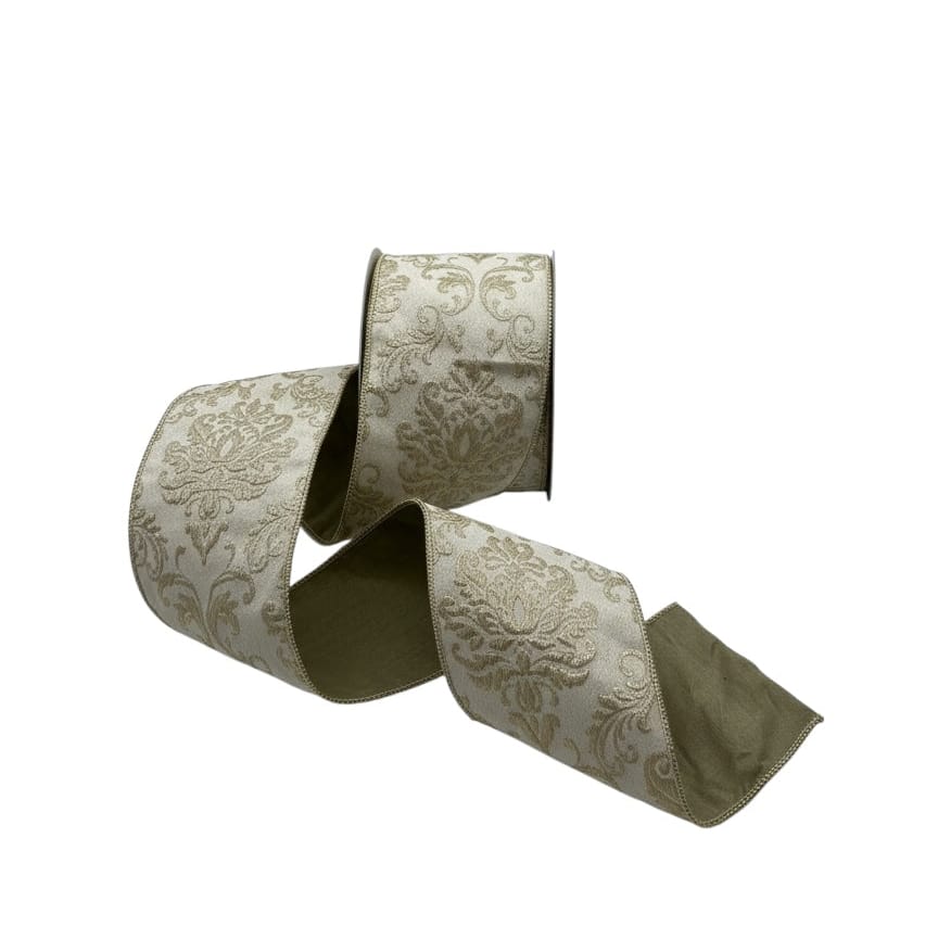 Jacquard Ribbon - Gold & Ivory with Sage Green | 4" Width | 10 Yard Roll