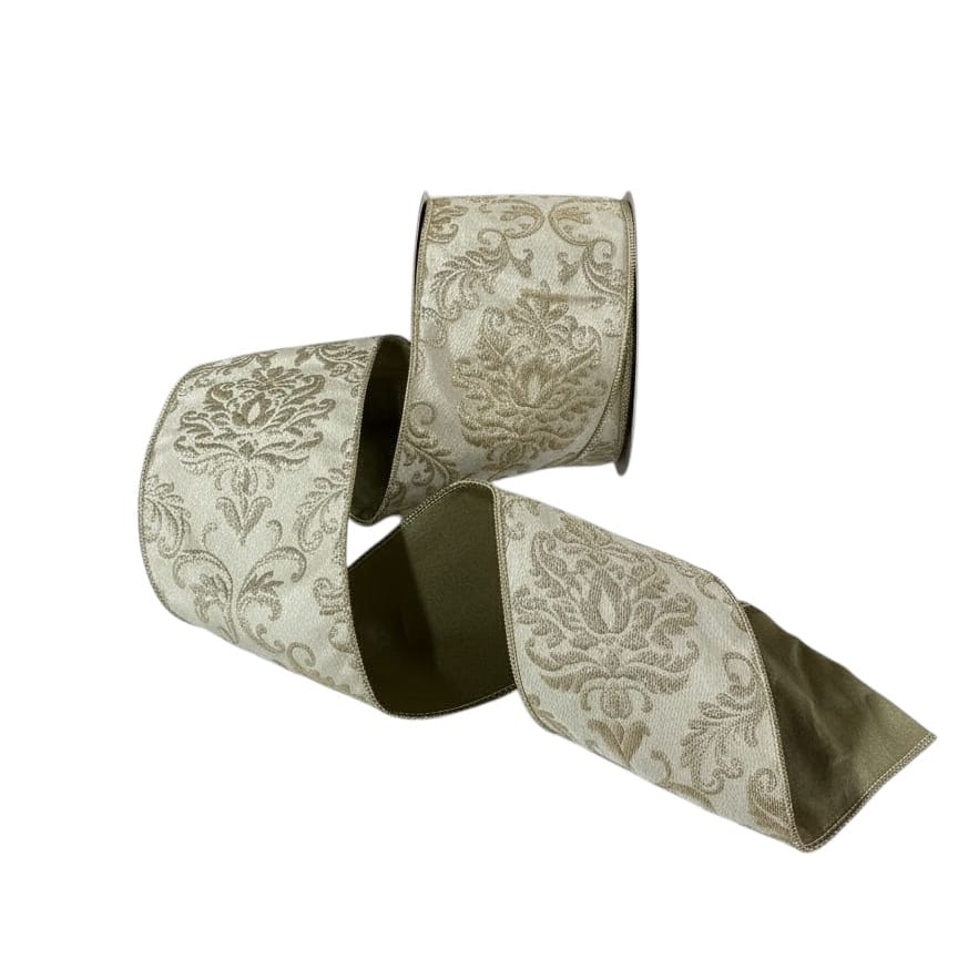 Jacquard Ribbon - Gold & Ivory with Sage Green | 4" Width | 10 Yard Roll