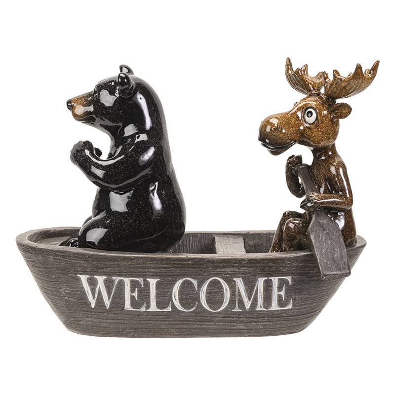 Paddle Pals – Black Bear & Moose Canoeing Figurine | Rustic Woodland Décor