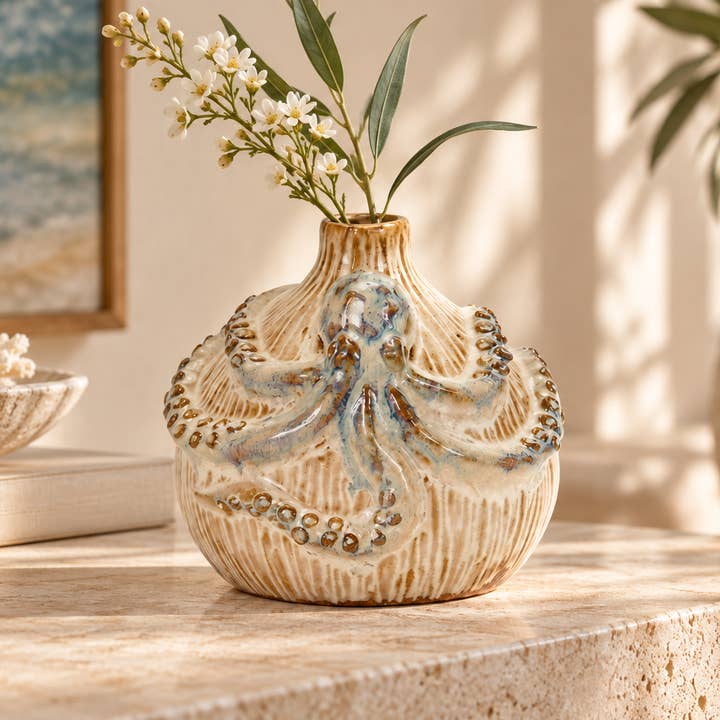 Small Cream & Ocean Blue Octopus Ceramic Vase
