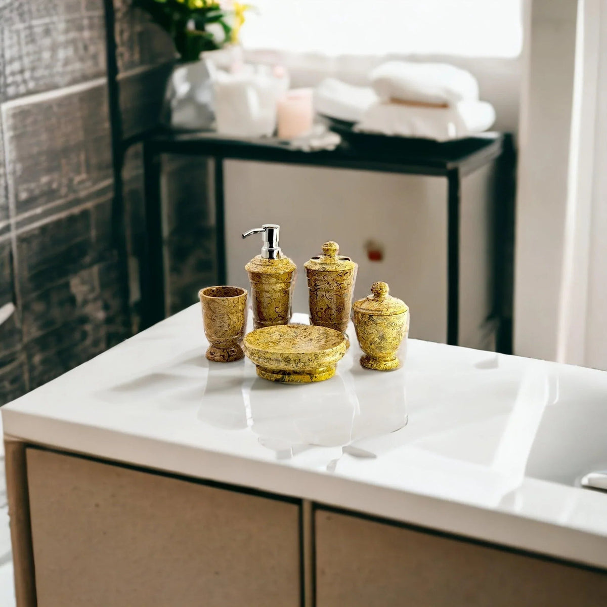Ensemble d'accessoires de salle de bain 5 pièces en pierre fossile