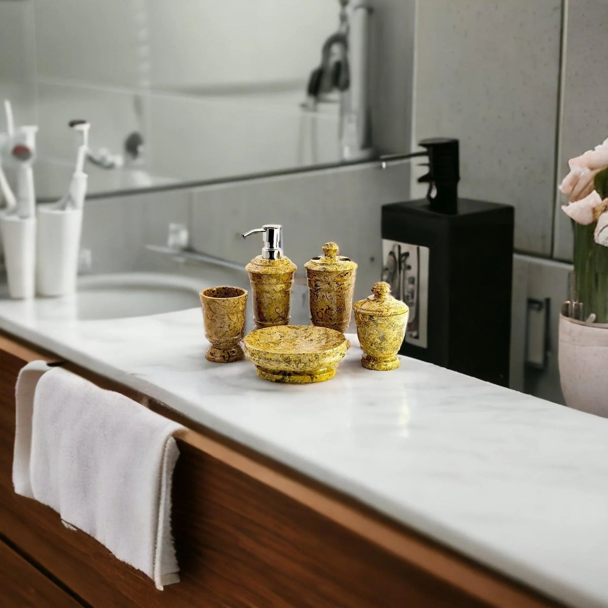 Ensemble d'accessoires de salle de bain 5 pièces en pierre fossile